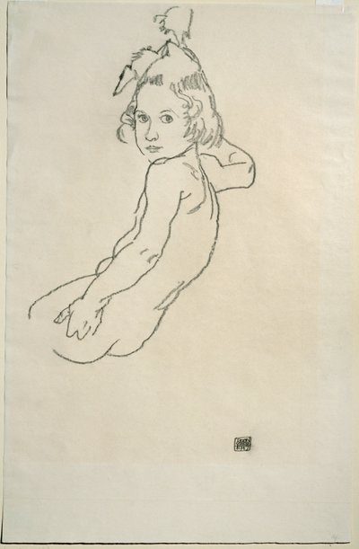 Kinderakt (svart krita på papper) av Egon Schiele