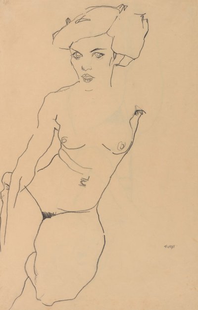 Knästående Kvinna Naken av Egon Schiele