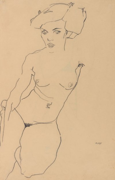 Knästående kvinnlig nakenstudie av Egon Schiele