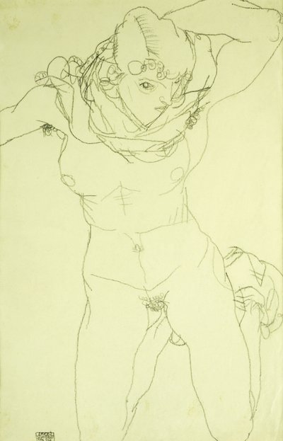 Knästående naken framifrån; Knästående naken framifrån, 1914 av Egon Schiele
