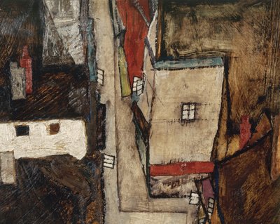 Krumlov och Vltava - Krumlov vid floden Vltava, ... (olja på duk) av Egon Schiele