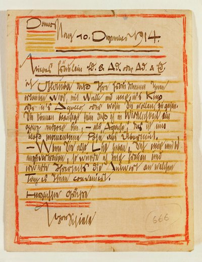 Konstnärligt utformat brev från Egon Schiele till systrarna Edith och Adele Harms daterat 10 ... (bläck, färgkritor) av Egon Schiele