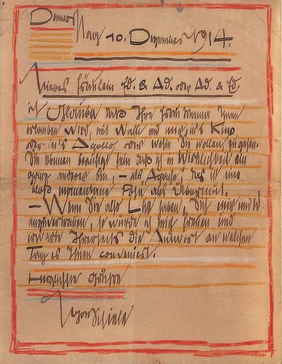 Konstnärsbrev från Egon Schiele till systrarna Edith och Adele Harms daterat den 10 december 1914. av Egon Schiele