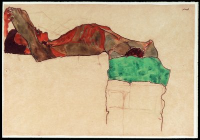 Liggande manlig nakenbild med grönt tyg [Reclining Male Nude with Green Cloth] (akvarell och kol) av Egon Schiele