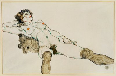 Liggande kvinnlig naken med särade ben ... (gouache och blyerts) av Egon Schiele