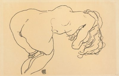 Långhårig naken, framåtlutad, bakifrån; Langhaariger Akt, vornubergebeugt, Ruckenansicht, 1918 av Egon Schiele