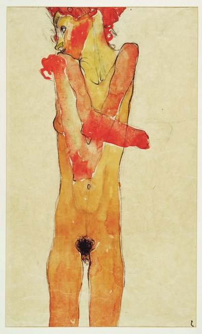 Maedchenakt mit verschraenkten Armen (naken flicka med ... (akvarell och kol) av Egon Schiele