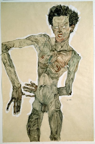 Naken man (självporträtt). Teckning av Egon Schiele (1890-1918), 1910. Blyertspenna, akvarell och tempera på papper. Mått: 55,7x36,8cm. Wien, Graphische Sammlung Albertina av Egon Schiele