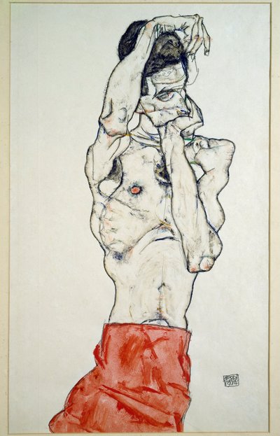 Naken man med rött lakan av Egon Schiele
