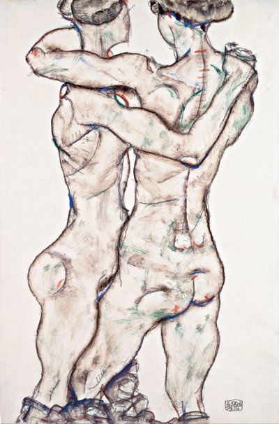 Nakna tjejer omfamnar - Schiele, Egon (1890-1918) - 1914 - Svart krita, Gouache på papper - 48x31,2 - Leopold Museum, Wien av Egon Schiele