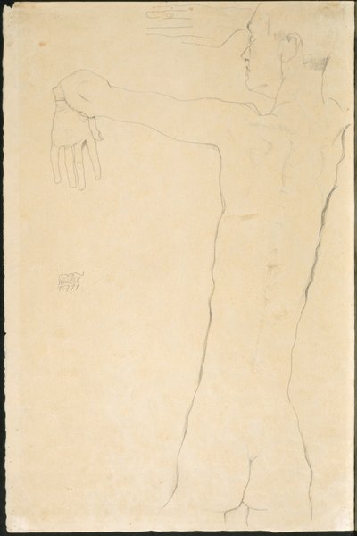 Naken man med upphöjda armar (recto) av Egon Schiele
