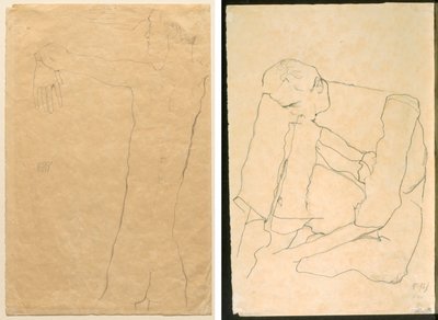 Naken man med upphöjda armar (recto) Sittande man (verso) av Egon Schiele