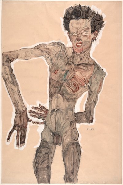 Naken självporträtt, grimaserande, 1910 av Egon Schiele