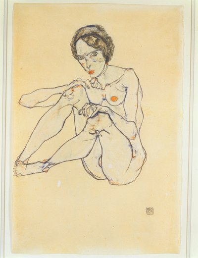 Naken kvinnaGouache, akvarell och blyerts. Signerad och daterad nere till höger (gouache, akvarell  blyerts) av Egon Schiele