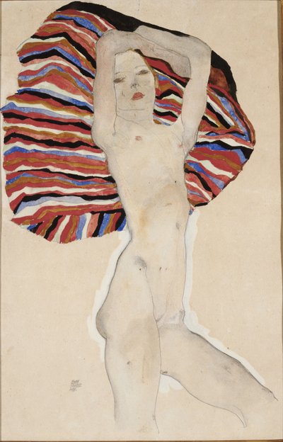 Naken mot färgat material, 1911 av Egon Schiele