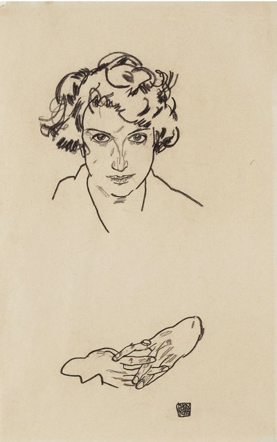 Portrait of a Girl, 1917 (svart krita på vävt papper) av Egon Schiele