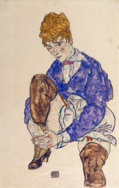 Porträtt av konstnärens hustru, sittande och med högerbenet upplyft av Egon Schiele