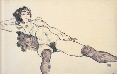 Tillbakalutad kvinnlig naken med utspridda ben, 1914 av Egon Schiele