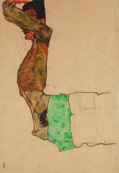 Liggande manlig naken med grönt tyg av Egon Schiele