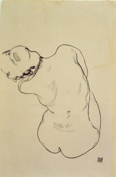 Reclining Naken - Bakifrån, 1918 (svart krita på papper) av Egon Schiele