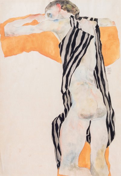 Liggande naken flicka i randig smock, 1911. av Egon Schiele