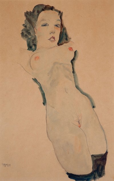 Liggande naken med svarta strumpor av Egon Schiele