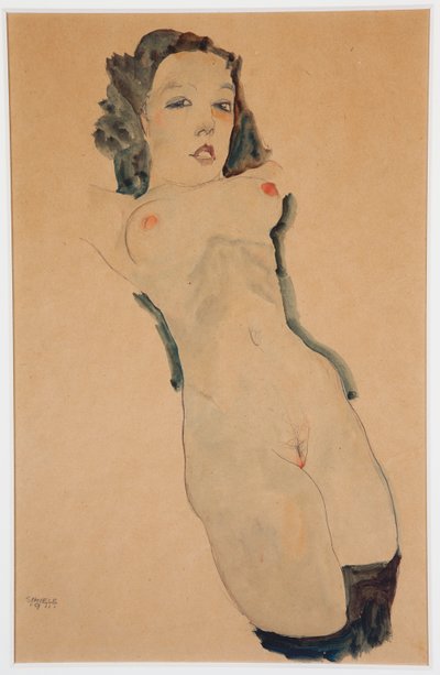 Liggande naken med svarta strumpor; Liggande naken med svarta strumpor, 1911 av Egon Schiele