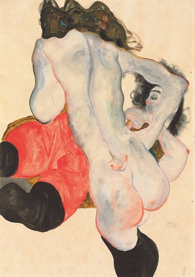 Liggande kvinna i röda byxor och stående kvinnlig naken, 1912 av Egon Schiele