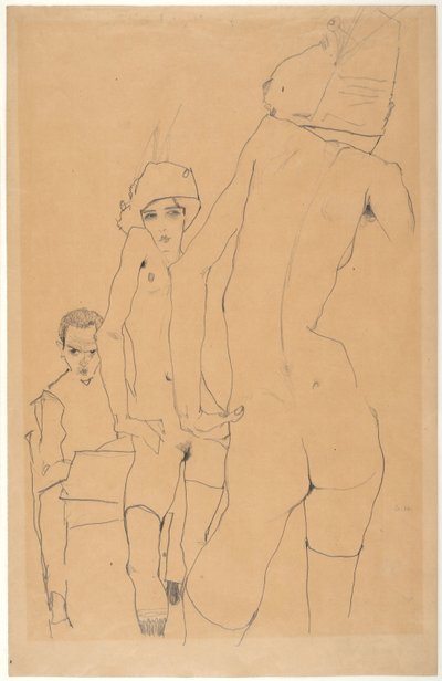 Schiele med nakenmodell före spegeln, 1910 av Egon Schiele
