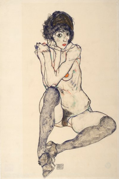 Sittande kvinna naken, armbågar vilande på höger knä, 1914. av Egon Schiele