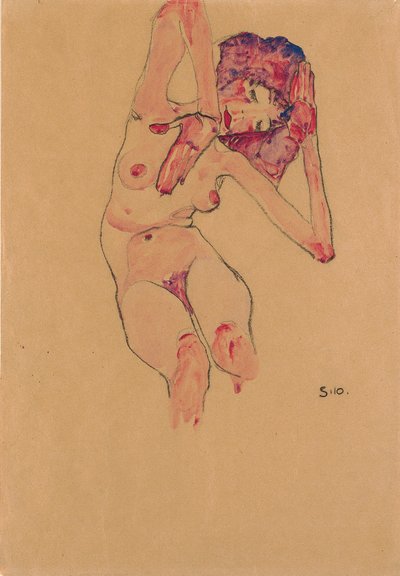 Sittande naken kvinna med böjt huvud och upphöjda armar; Sittande naken med böjt huvud och höjda armar, 1910 av Egon Schiele