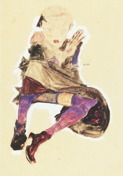 Sittande flicka med randiga strumpor; Sittande flicka med randiga strumpor, 1910 av Egon Schiele
