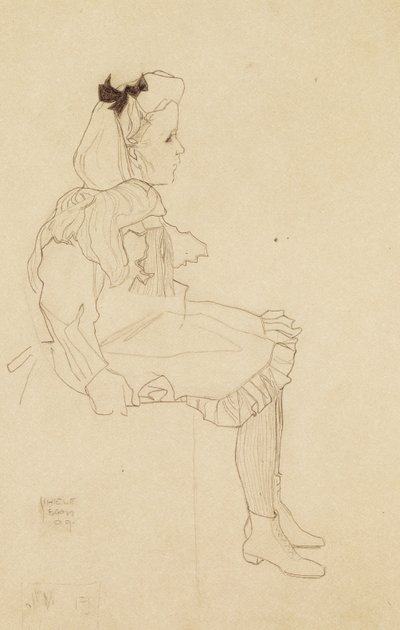 Sittande flicka med rosett i håret, 1909 av Egon Schiele