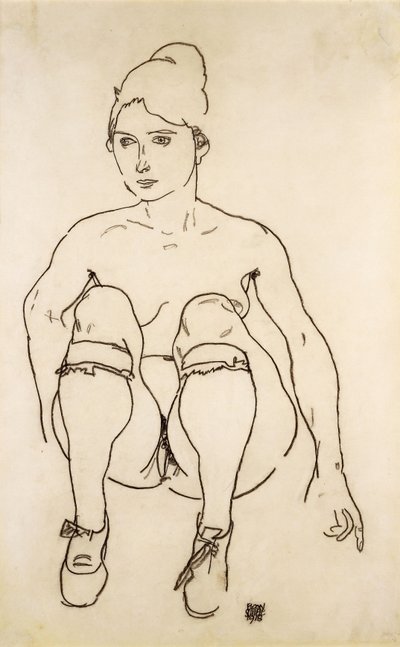 Sittande naken med skor och strumpor; Sittande naken med skor och strumpor, 1918 av Egon Schiele