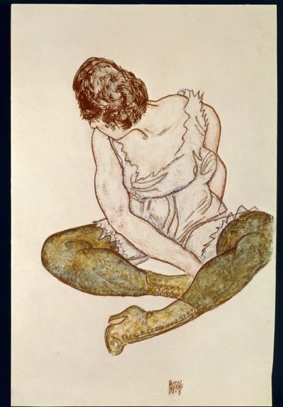 Sittande kvinna med gröna strumpor ... (akvarell och svartkrita) av Egon Schiele