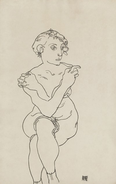 Sittande kvinna naken, armar och ben i kors, 1918 av Egon Schiele