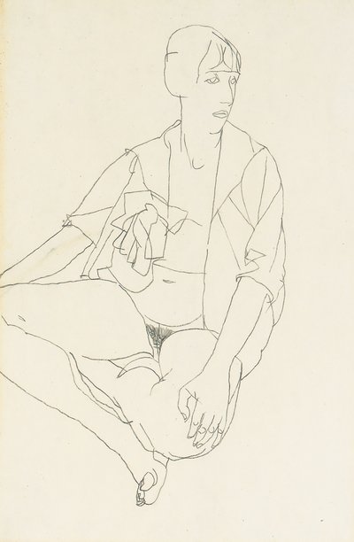 Sittande kvinnlig naken med öppen blus, 1913 av Egon Schiele