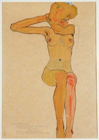 Sittande kvinnlig naken med lyft högerarm (gouache, akvarell och svart krita) av Egon Schiele