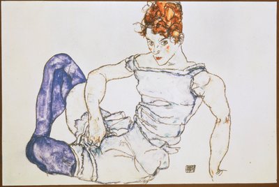 Sittande kvinna i lila strumpor ... (gouache och svart krita) av Egon Schiele