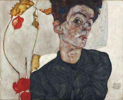 Självporträtt med lampionfrukter av Egon Schiele