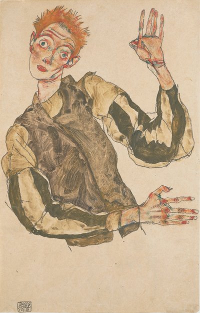 Självporträtt med randiga ärmskydd av Egon Schiele
