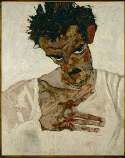 Självporträtt med sänkt huvud - Egon Schiele, självporträtt med böjt huvud (olja på trä) av Egon Schiele