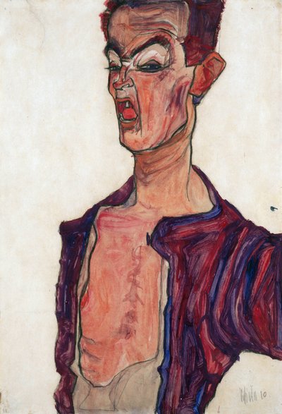 Självporträtt, Grimas - Schiele, Egon (1890-1918) - 1910 - Gouache på papper - 45,3x30,7 - Leopold Museum, Wien av Egon Schiele