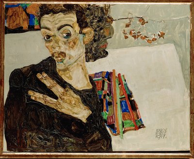 Självporträtt med utsträckta fingrar av Egon Schiele