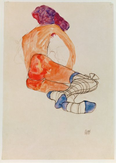 Sittande kvinnlig naken med blått strumpeband, från ... (gouache, akvarell och kol) av Egon Schiele