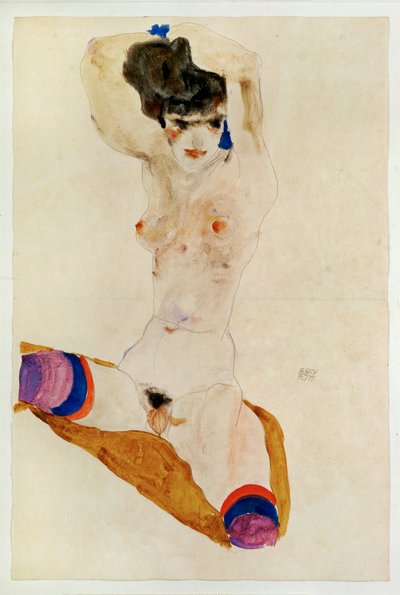 Sittande naken flicka med över huvudet ... (akvarell och blyerts) av Egon Schiele