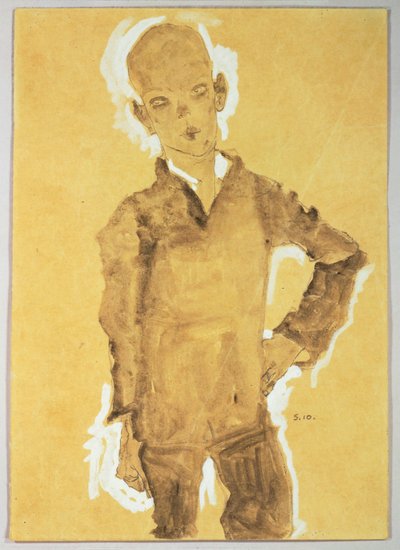 Stående pojke, vänster hand på höften (gouache, akvarell och blyerts med vit förhöjning) av Egon Schiele
