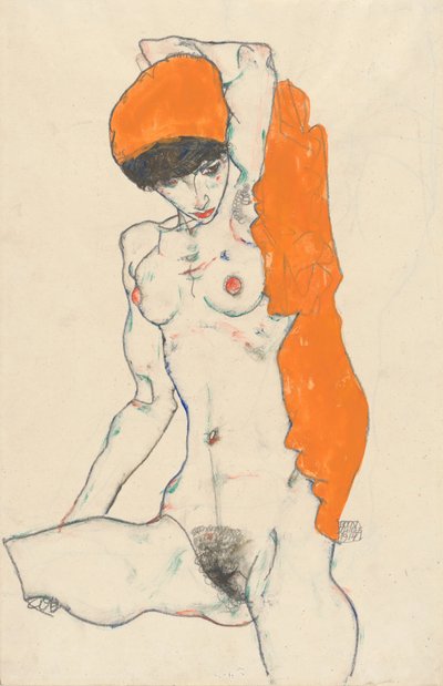 Stående naken med orange draperi, 1914 (wc, gouache och grafit på papper) av Egon Schiele