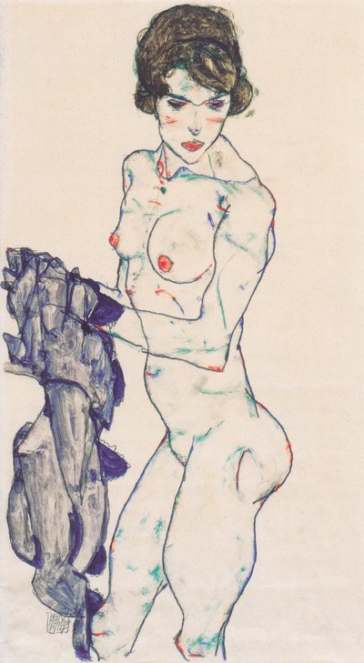 Stående kvinnlig naken med blå duk av Egon Schiele