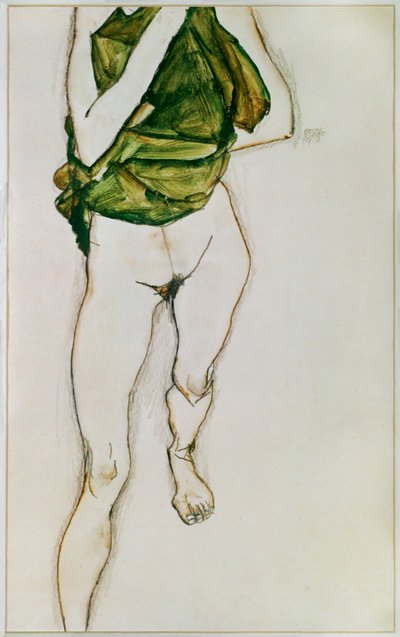 Gående överkropp i grön skjorta (gouache, akvarell  blyerts) av Egon Schiele